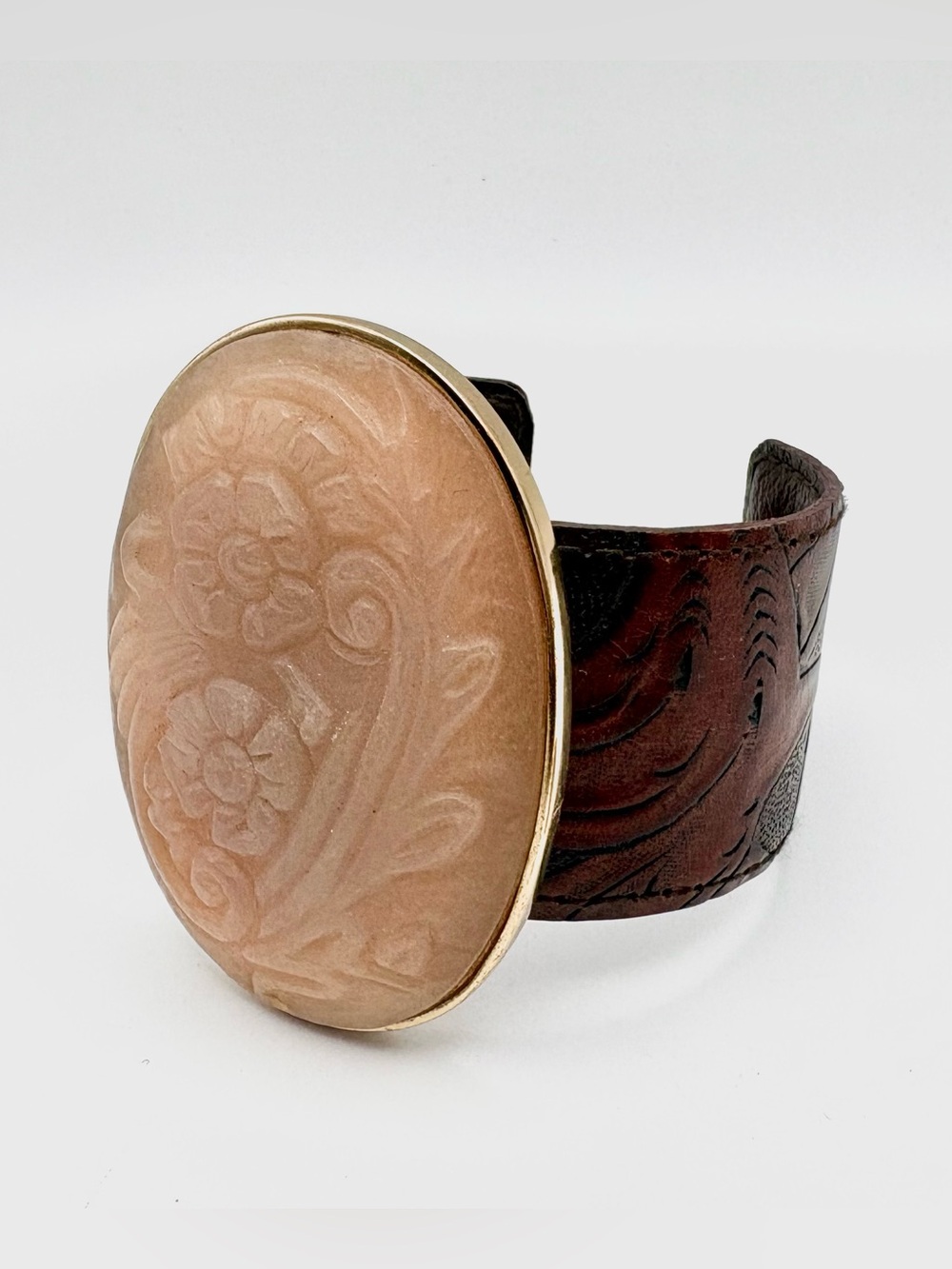 Studio Barse Floral Carved Rose Quartz & Tooled Leather Cuff Bracelet